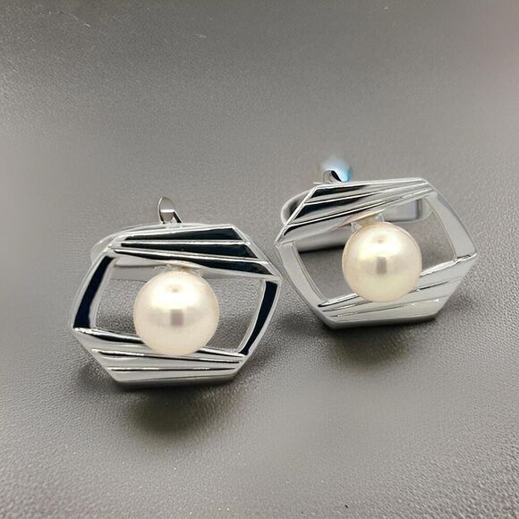 Mikimoto Estate Akoya Pearl Cufflinks Silver 7.5 mm M418
